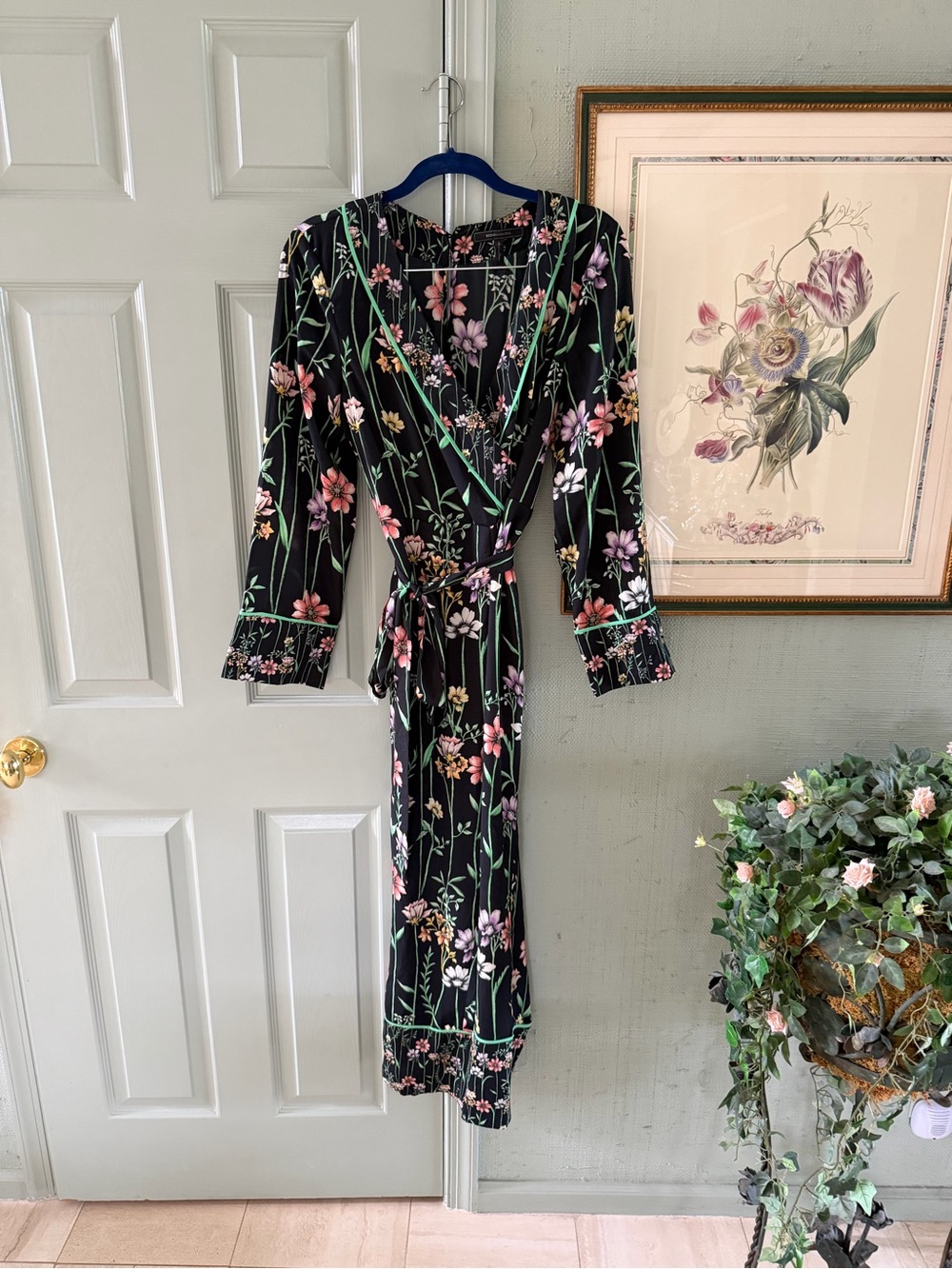 BCBGMaxAzria Black Floral Maxi Wrap Dress with Pink & Green Accents